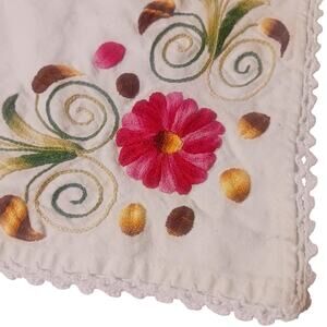 Antique crewel hand embroidered placemat bright pink florals linen fabric 16x13"